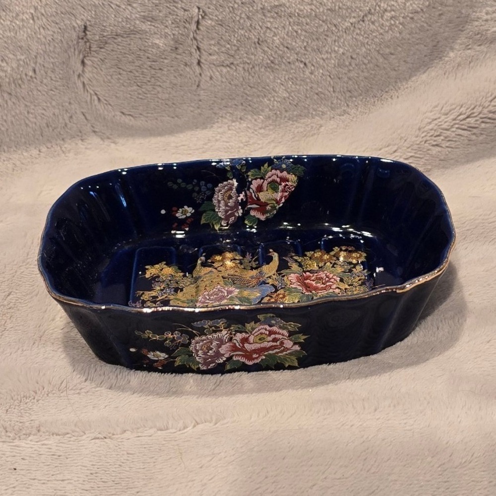 Vintage Kutani Japan Cobalt Blue Porcelain‎ Floral Soap Dish Gold Gilt Scalloped